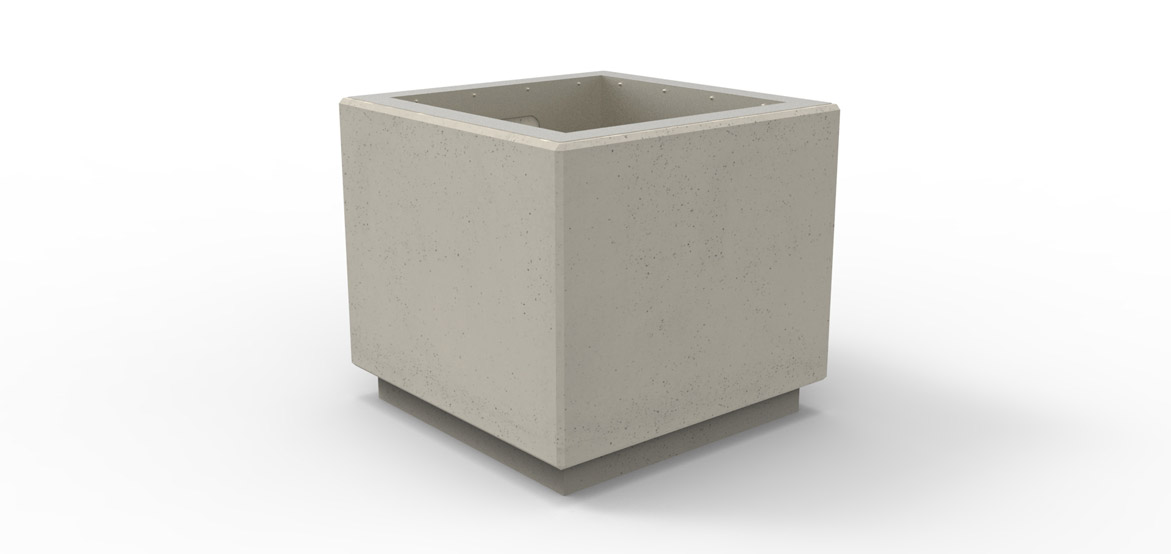Betonowy kosz uliczny, wykonany w technologii betonu płukanego, wyposażony w stalowy wkład.