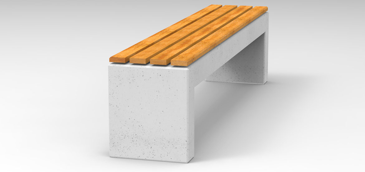 Ławka z betonu architektonicznego z wygodnym siedziskiem wykonanym z kompozytu. Ławka bez oparcia, wykonana przez producenta betonowych mebli miejskich.