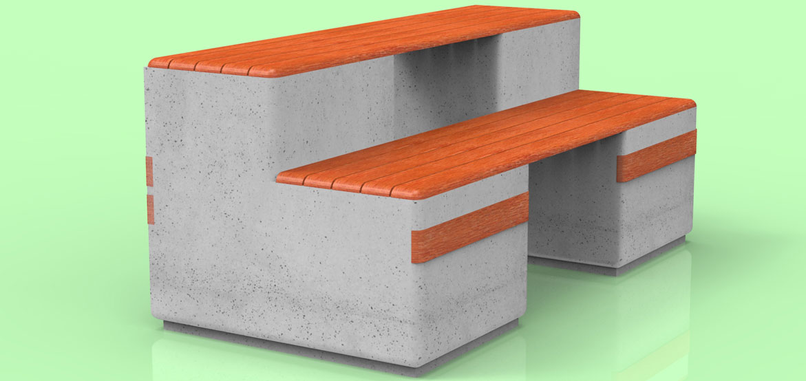 Siedzisko miejskie Largo duo, to największa ławka z rodziny Largo, wykonane w technologii betonu architektonicznego wzbogaconego o elementy drewniane.
