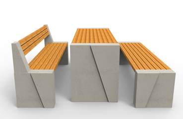 Nowoczesne ławki betonowe oraz stół, wykonane w technologii betonu architektonicznego.